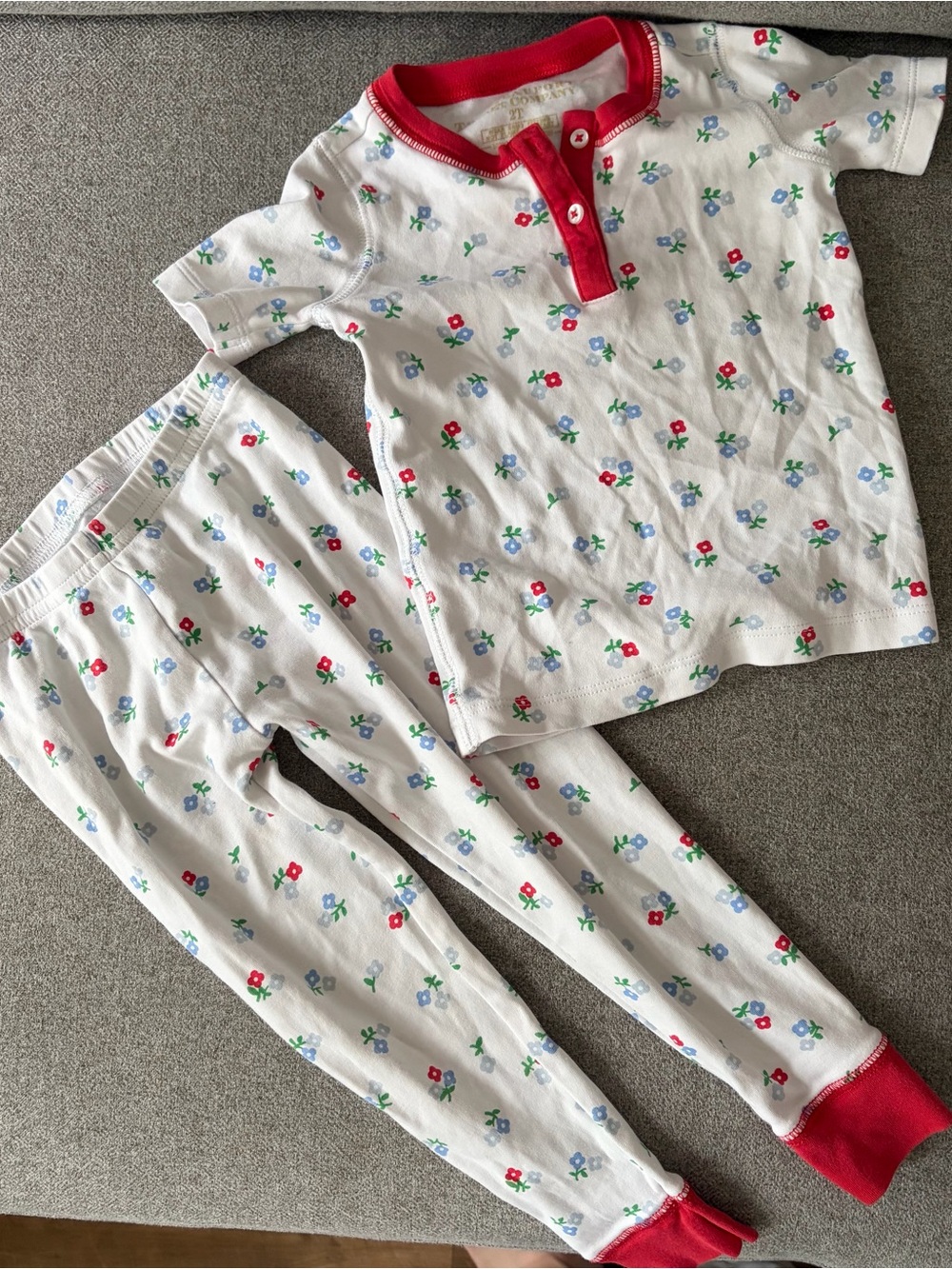 The Beaufort Bonnet Company White Floral Cotton Pajama Set with Red Trim